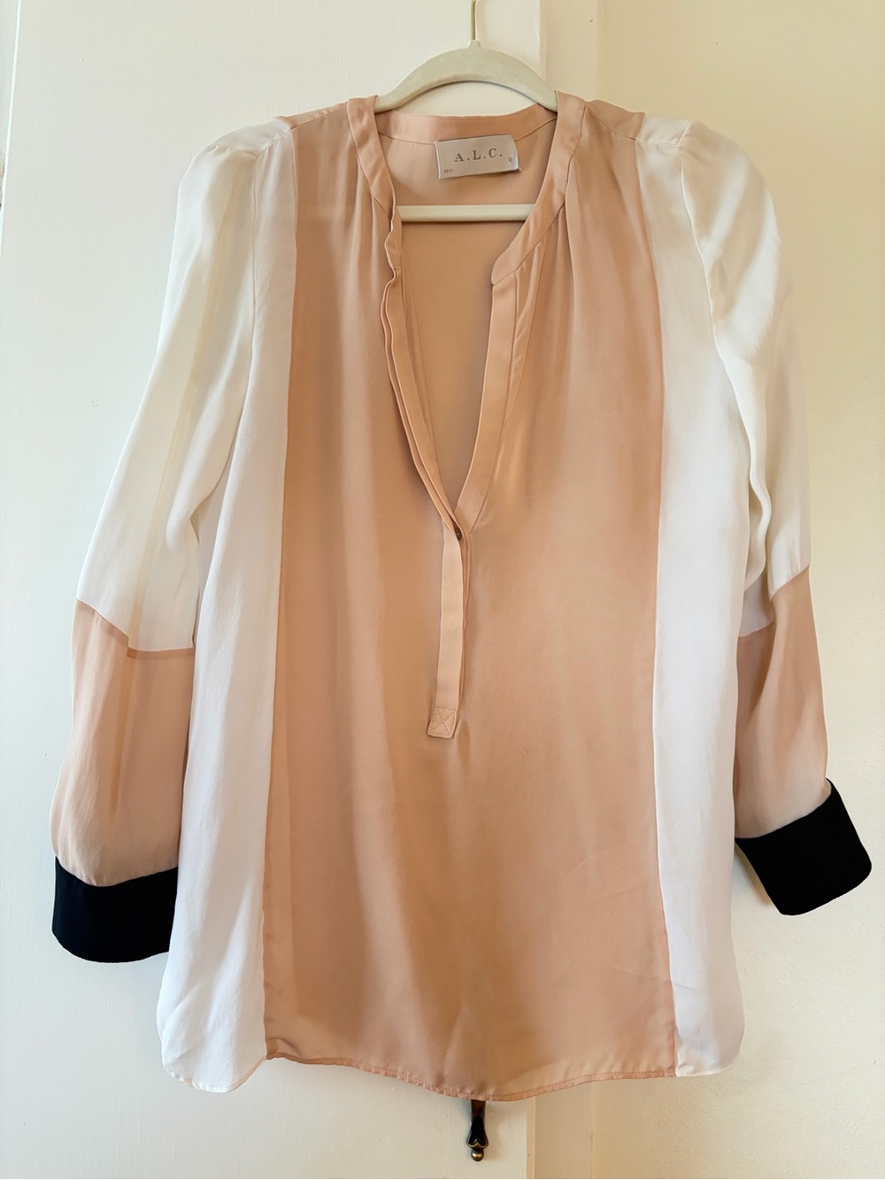 A.L.C. Blush, White & Black Silk Colorblock Blouse